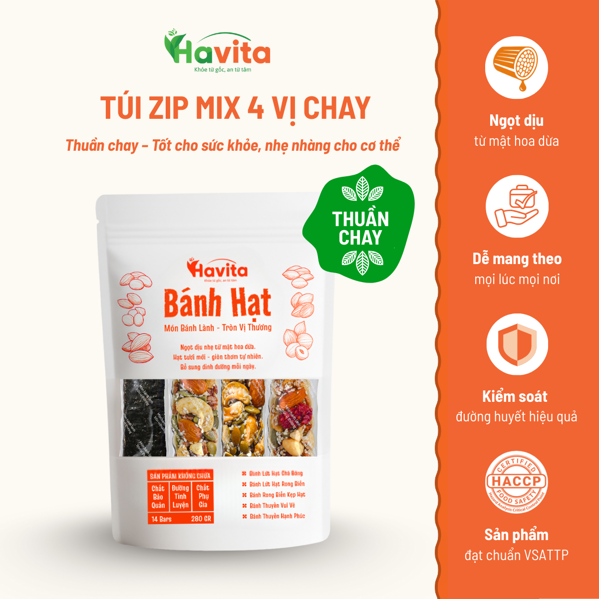 Bánh Hạt Havita - Túi Zip 14 Mix 4 Vị Chay