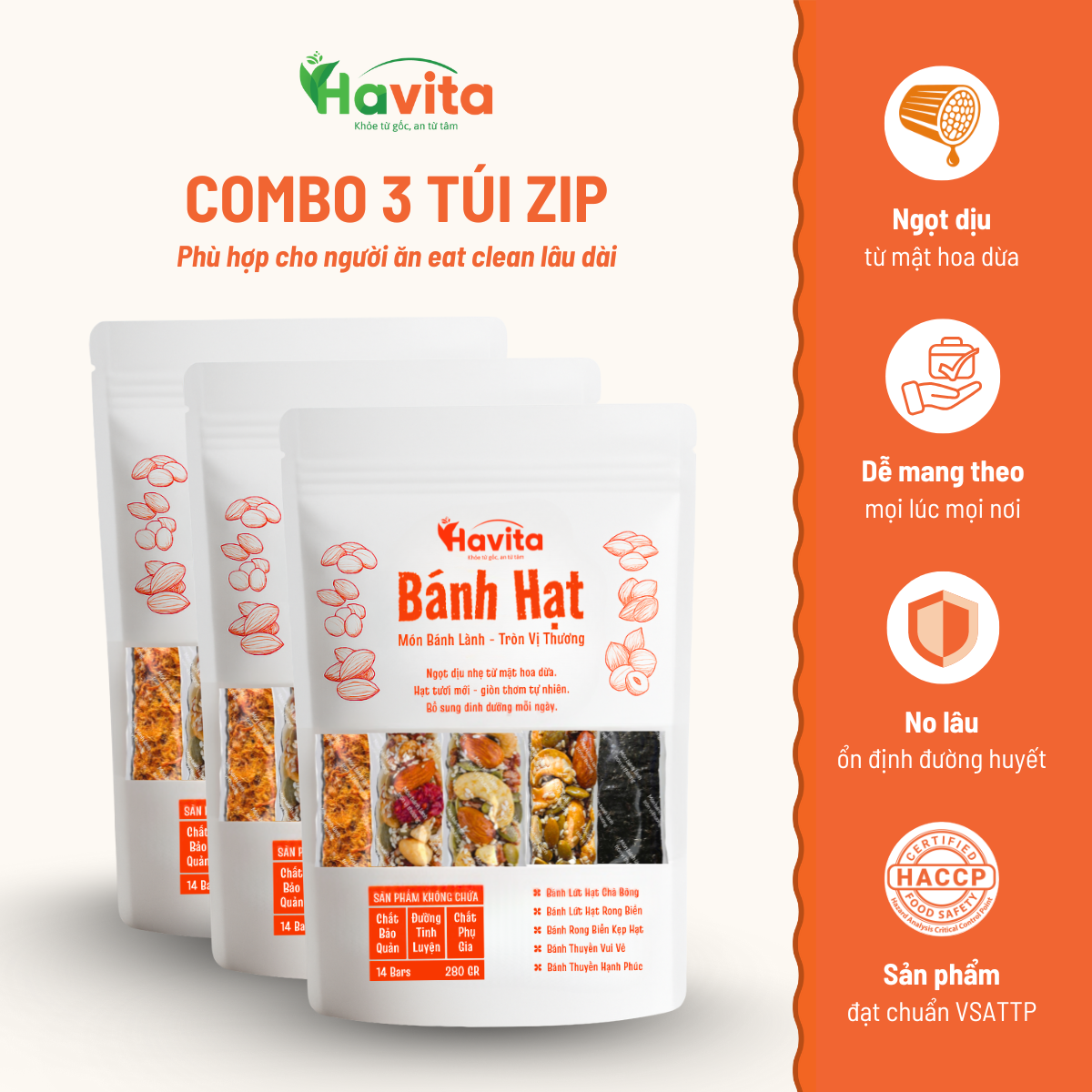 Bánh Hạt Havita - Combo 3 Túi Zip Mix 5 Vị
